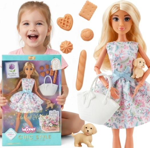 Păpușa Woopie Royal Lily, 30 cm, în rochie de primăvară, cu accesorii pentru picnic și cățeluș