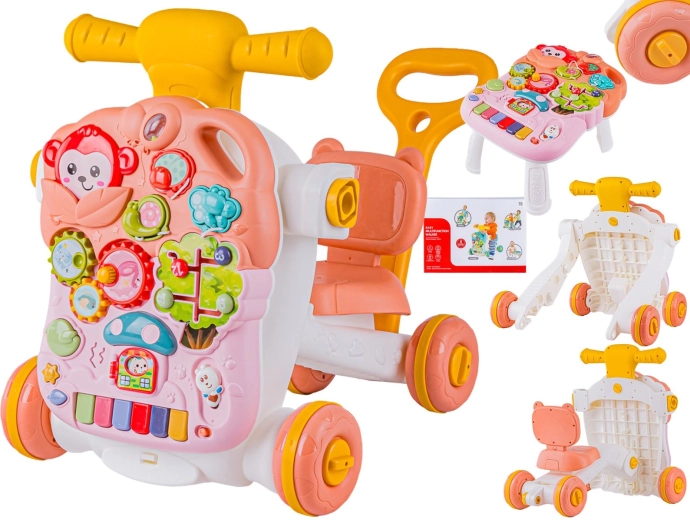 Premergător interactiv multifuncțional 4 în 1 cu vehicul de tip ride-on și măsuță educativă de joacă – roz