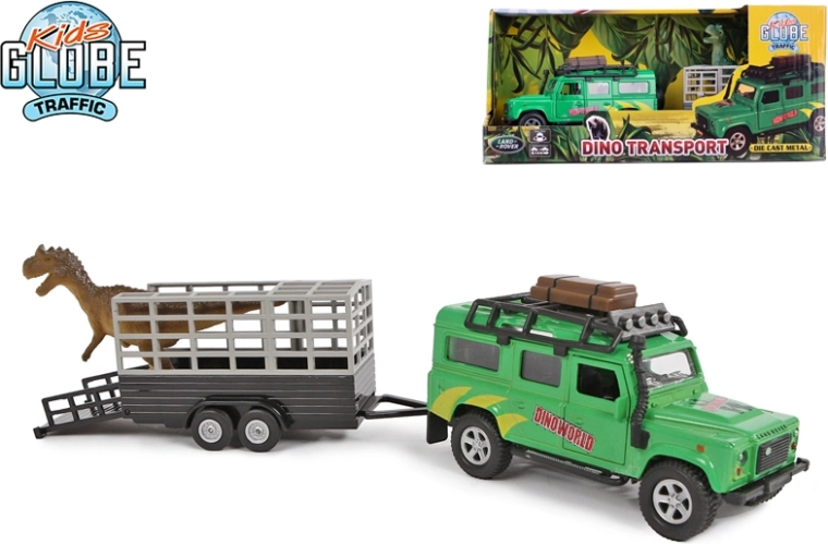 Kids Globe Traffic mașină de teren LAND ROVER cu remorcă și dinozaur 28 cm, metal, mecanism pull-back