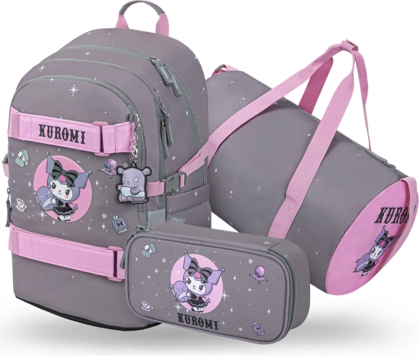 Set Baagl 3 Skate Kuromi Grey – rucsac școlar, penar și geantă sport (GRS)