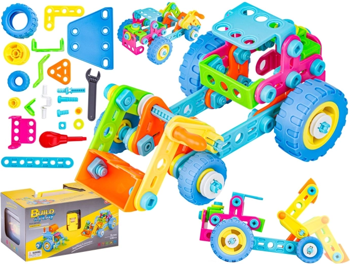 Set de construcție colorat cu șuruburi, 118 piese – vehicule de construcții 6în1