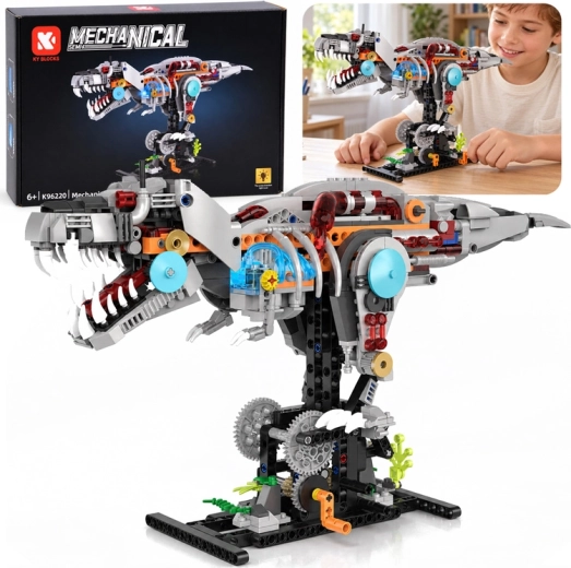 Set de construcție tehnică cu dinozaur mecanic T-Rex și iluminare LED, 730 de piese