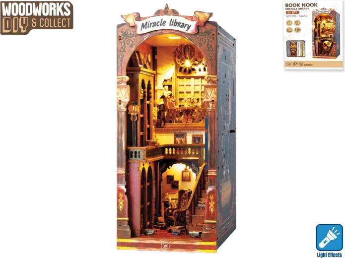 Set de construcție din lemn Woodworks bibliotecă cu iluminare, 371 de piese