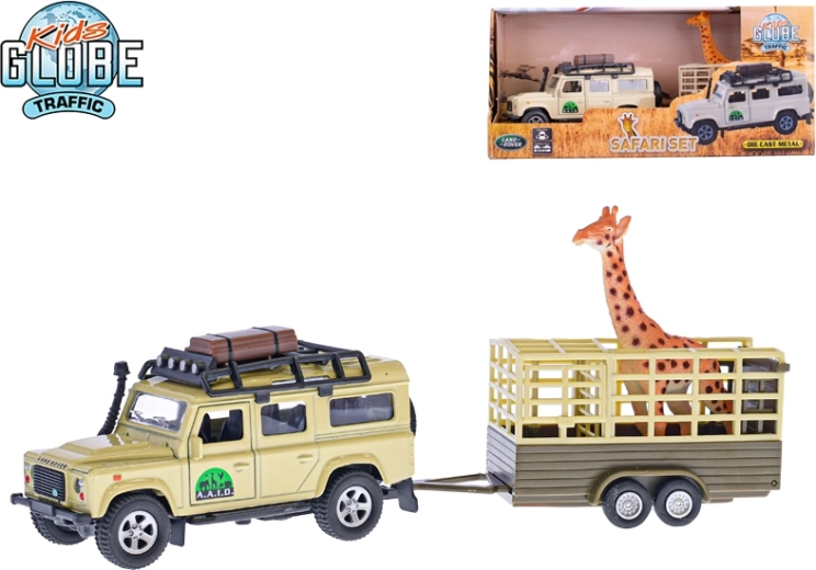 Mașină de teren metalică cu remorcă și girafă 14 cm – LAND ROVER DEFENDER cu mecanism pull-back