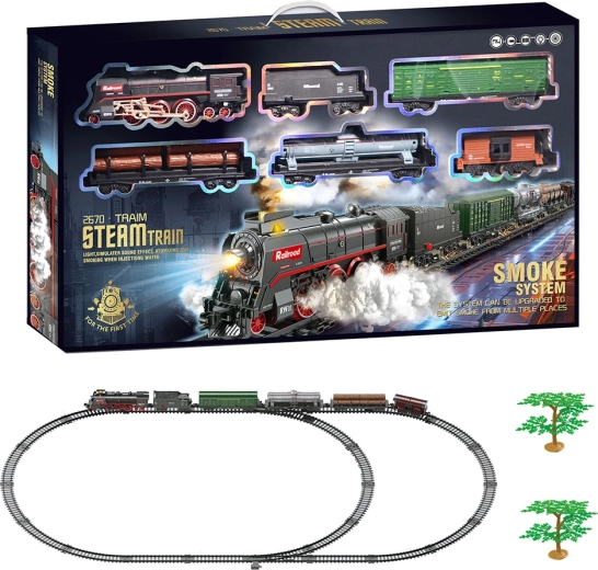 Circuit feroviar electric – locomotivă cu abur cu fum, lumină și sunet, 89 de piese