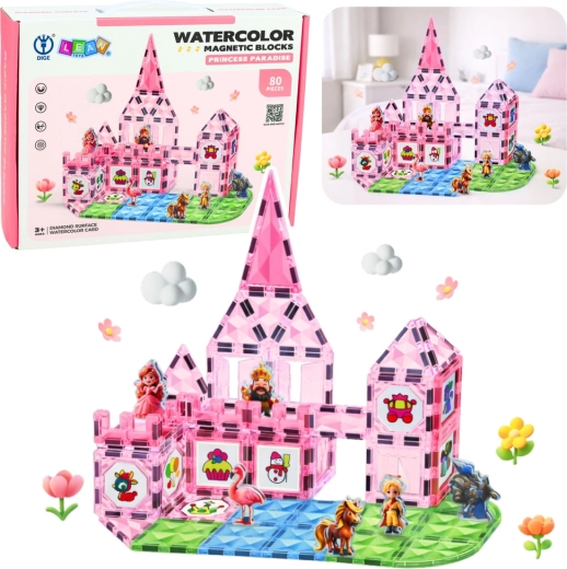 Set de construcție magnetic Castelul Prințesei, carduri acuarelă, 80 de piese