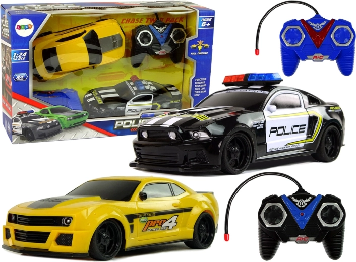 Set de mașinuțe R/C pentru urmărire polițienească – mașină de poliție și mașină sport galbenă cu 2 telecomenzi