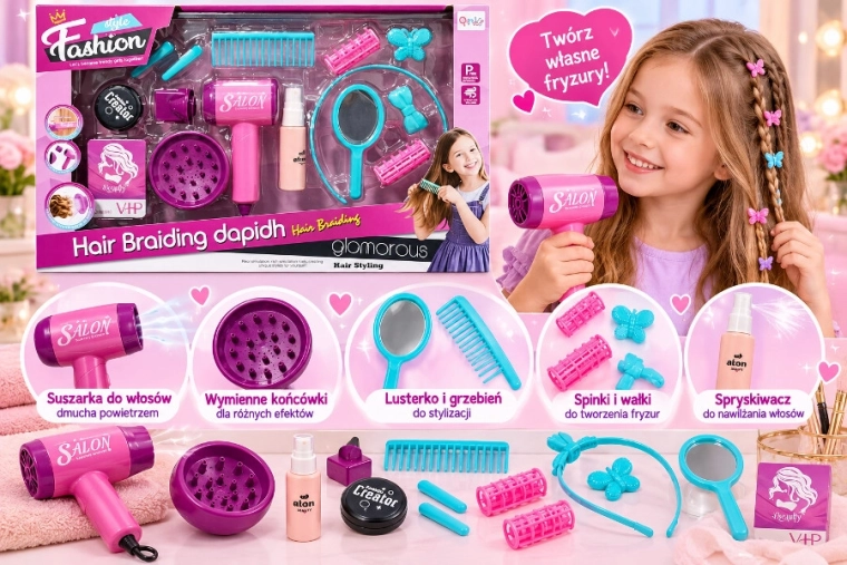 Set de coafor pentru copii cu uscător de păr electric și accesorii