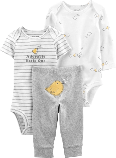 Set Carter’s pentru bebeluși, 3 piese, Grey Chick – body cu mânecă scurtă și lungă și pantalonași