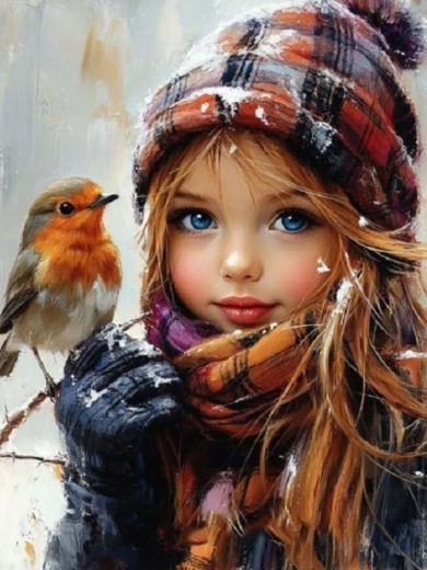 Pictură pe numere – fată și păsărică 40 × 50 cm