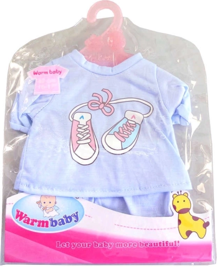Haine pentru păpușă 42 cm – tricou albastru și pantaloni cu umeraș