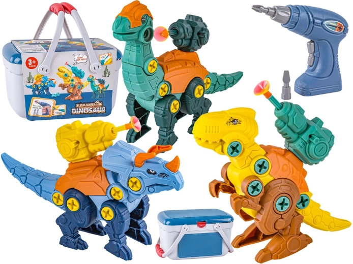 Dinozauri de construcție cu șuruburi, cu valiză, bormașină și săgeți