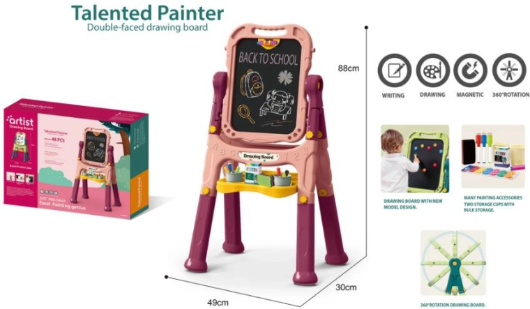 Tablă artistică pentru copii 48 piese – roz, dublă față cu cretă și magnetică