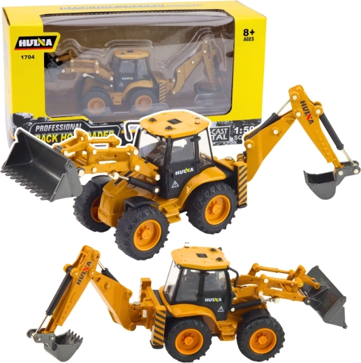 Model metalic de buldoexcavator Huina, în versiune galbenă, la scara 1:50