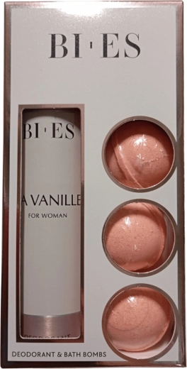 Set cadou BI-ES La Vanille pentru femei – 3x bombă efervescentă de baie + deodorant spray