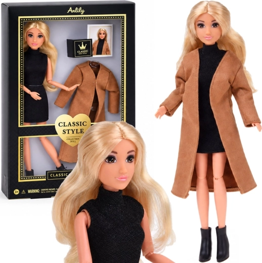 Păpușă Anlily în stil clasic, cu palton maro și rochie neagră