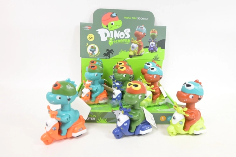 Dinozaur pe scuter – mecanism cu arc „apasă și pornește”