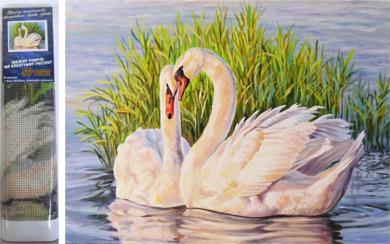 Pictură cu diamante – lebede în stuf 30 × 40 cm