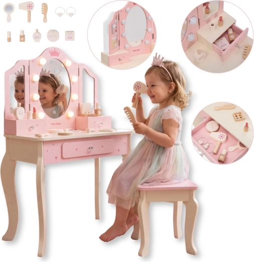 Măsuță de toaletă din lemn pentru copii Milly Mally Queen Pink cu oglindă LED