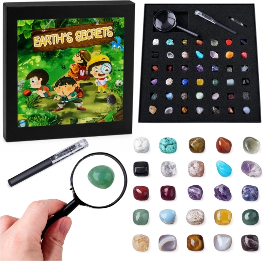 Set de minerale și cristale naturale (43 piese) cu lupă și pix