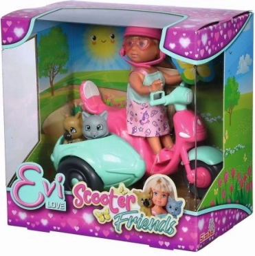 Păpușa EVI LOVE pe scuter cu cățeluș și pisicuță, 12 cm