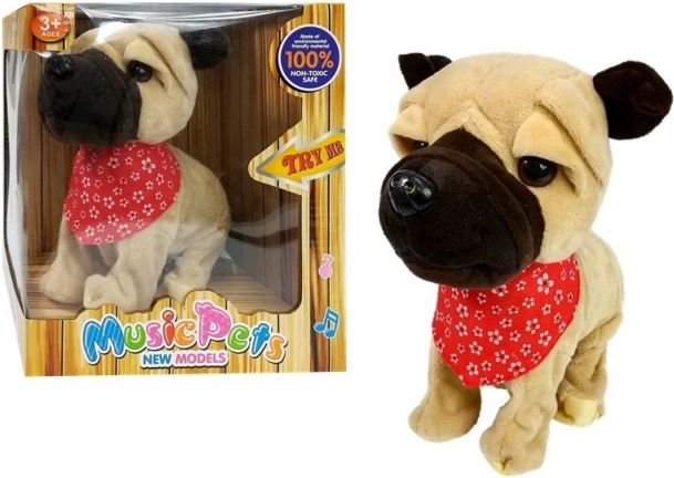 cățeluș de pluș interactiv cu lesă – latră, cântă și dă din coadă