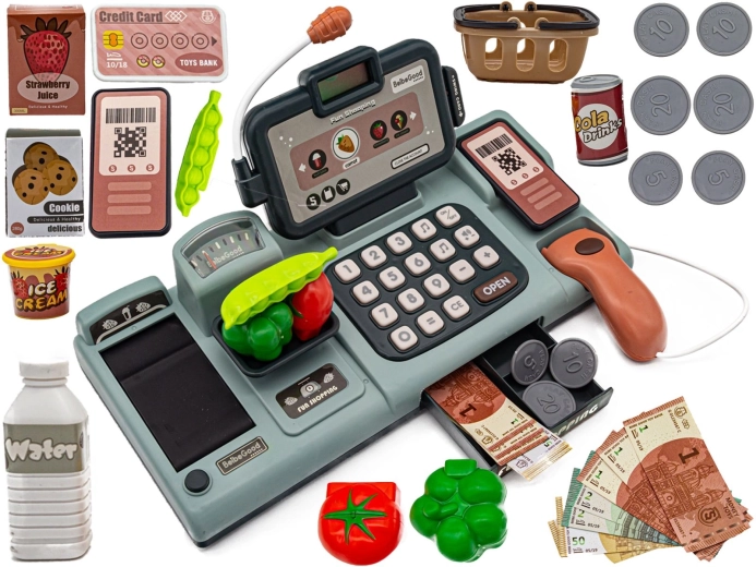Casă de marcat educativă pentru copii, pentru joacă de-a magazinul, cu microfon, cântar, coș și accesorii