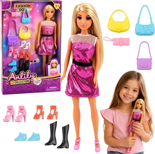 Păpușa Anlily în rochie roz, cu set de genți și pantofi