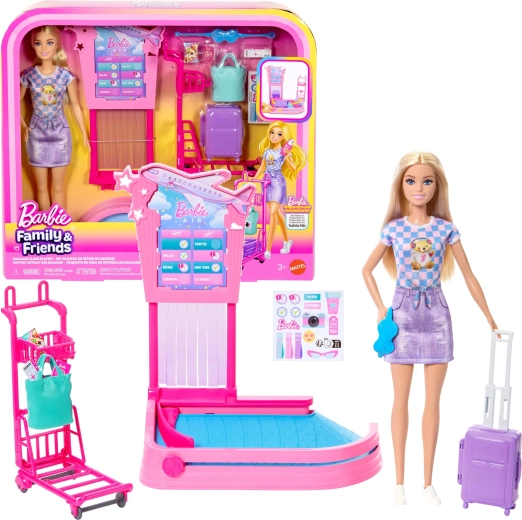 Barbie la aeroport – check-in și ridicarea bagajelor, set de joacă cu păpușă și accesorii