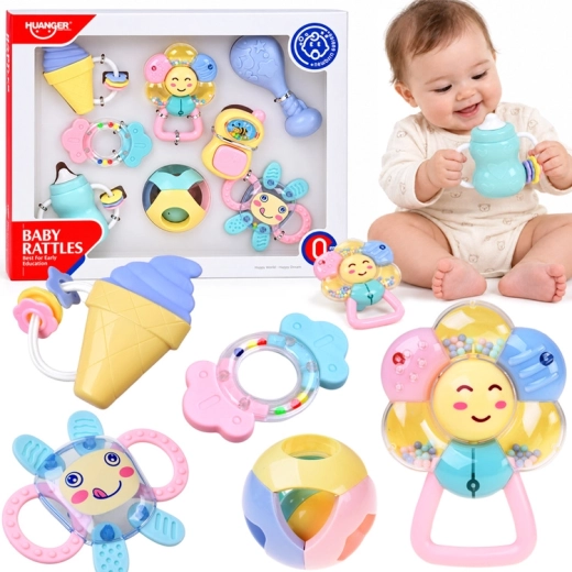 Set pastel de zornăitoare și jucării de dentiție 2 în 1 pentru bebeluși – 8 bucăți