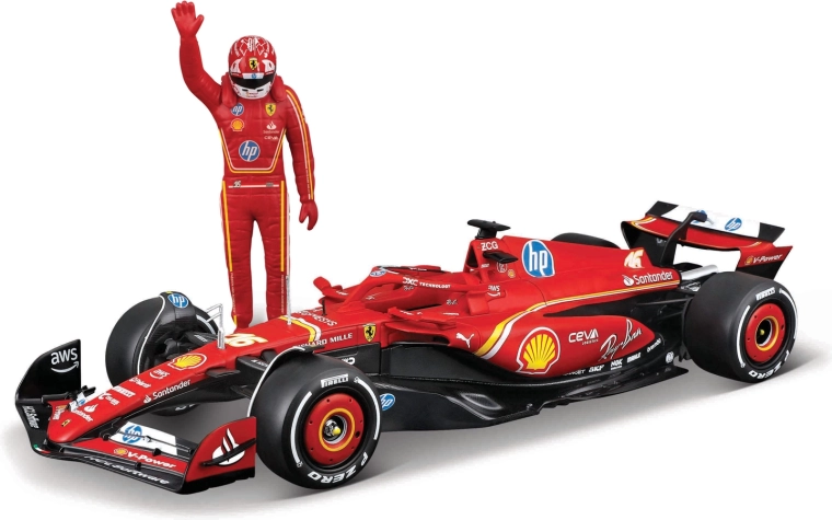 Model Bburago F1 Ferrari SF-24 (2024) cu figurina pilotului Charles Leclerc 1:24