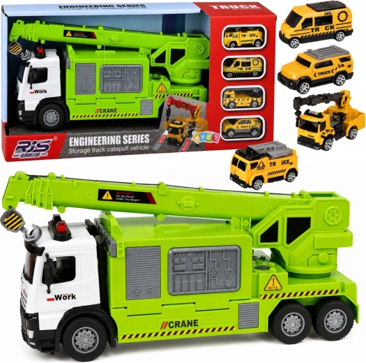 Camion macara verde pentru copii cu transportor auto, lumini și sunete (4 vehicule)