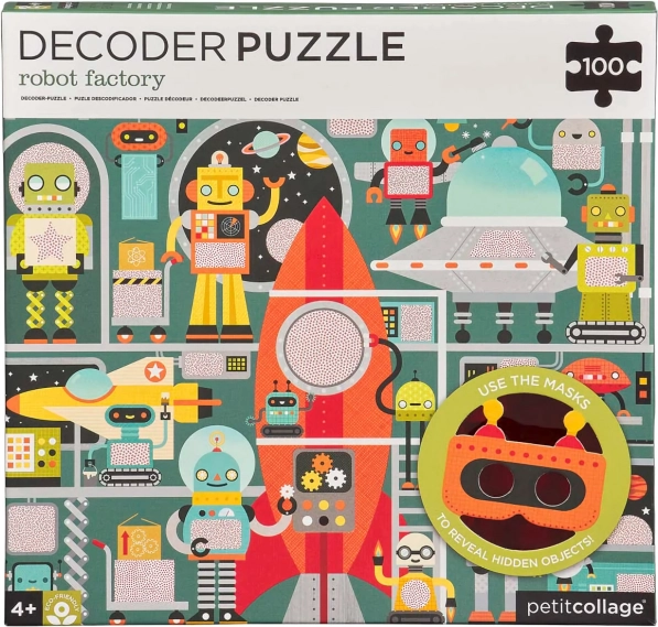 Petit Collage puzzle roboți cu mască de decodare, 100 piese