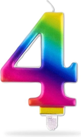 Lumânare de aniversare curcubeu cu țep pentru înfingere, cifra 4, 7,5 cm