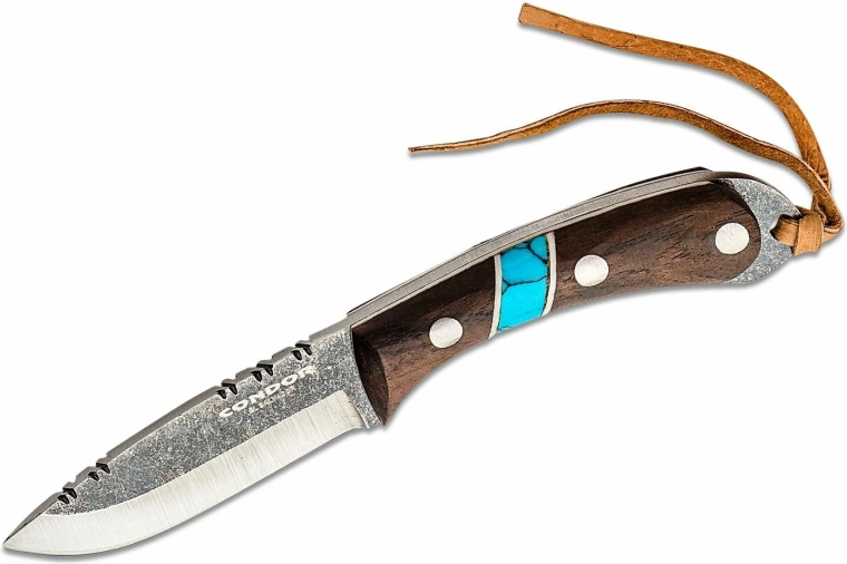 Cuțit de gât CONDOR Blue River 5,9 cm, lemn de nuc, turcoaz, teacă din piele