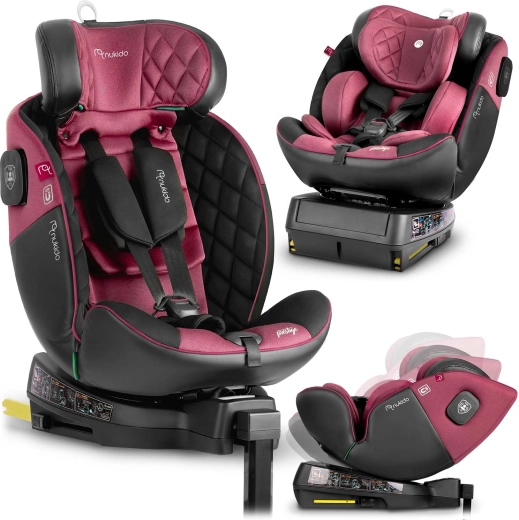 Scaun auto pentru copii Nukido Prestige Line roz‑negru i‑Size 40–150 cm cu ISOFIX și bază rotativă