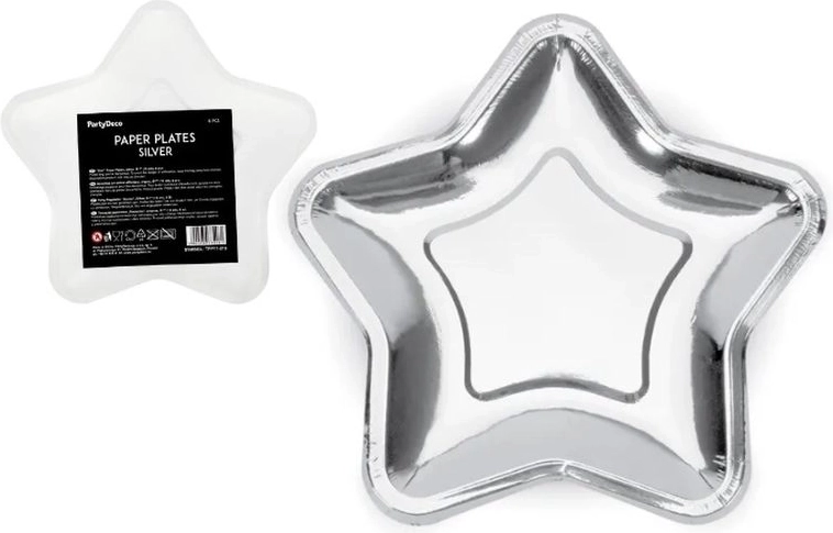 Farfurii din hârtie în formă de stea, argintii, 18 cm (6 buc.)