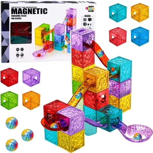Cuburi de construcție magnetice – pistă cu bile, cuburi transparente colorate (28 piese)