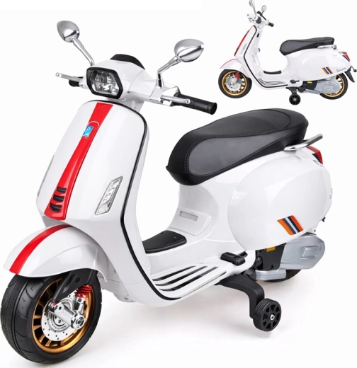 Scuter electric pentru copii VESPA cu melodii și roți ajutătoare – Alb