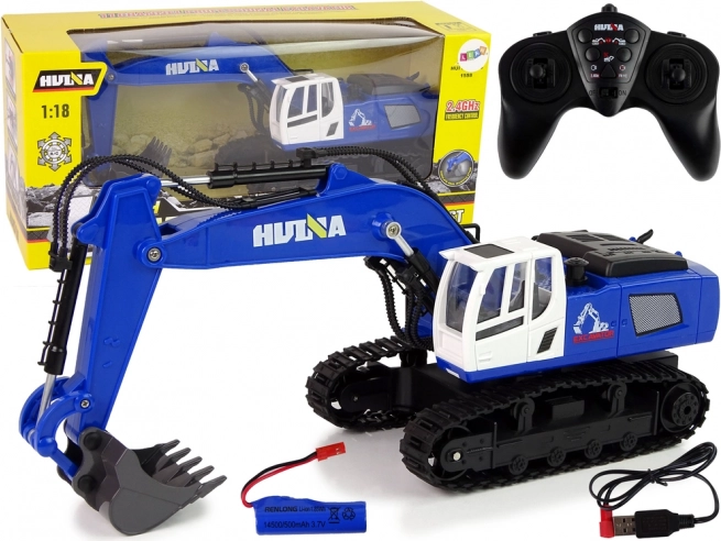 Huina excavator RC pe șenile cu telecomandă 2,4 GHz, cu elemente metalice, albastru
