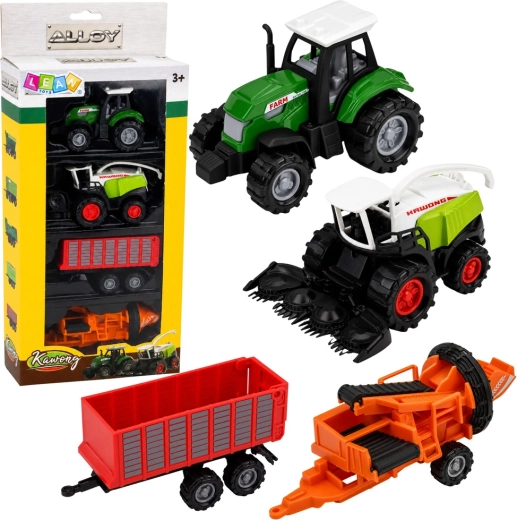 Set de vehicule agricole – tractor, combină de recoltat, remorcă și presă (4 buc.) 1:68
