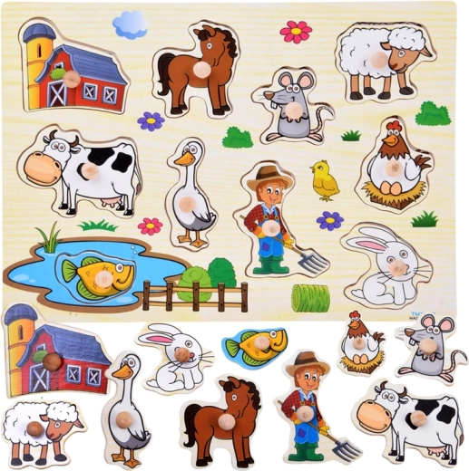 Puzzle de încastrat din lemn – fermă, cu mânere (10 piese)