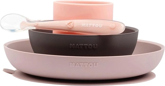 Set de masă din silicon Nattou, 4 piese, roz‑mov, fără BPA