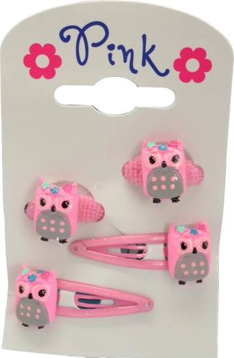 Set mare de agrafe și elastice de păr Bufniță – roz