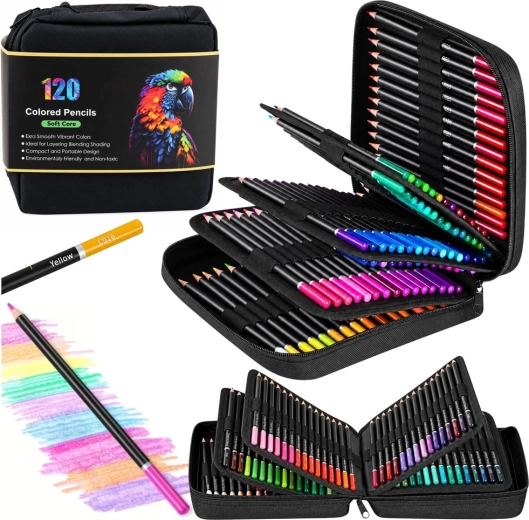 Set de 120 de creioane colorate Soft Core în penar, cu 2 caiete de schițe