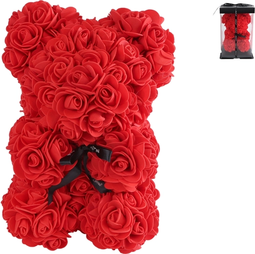 Ursuleț roșu din flori într-o cutie cadou, 23 cm