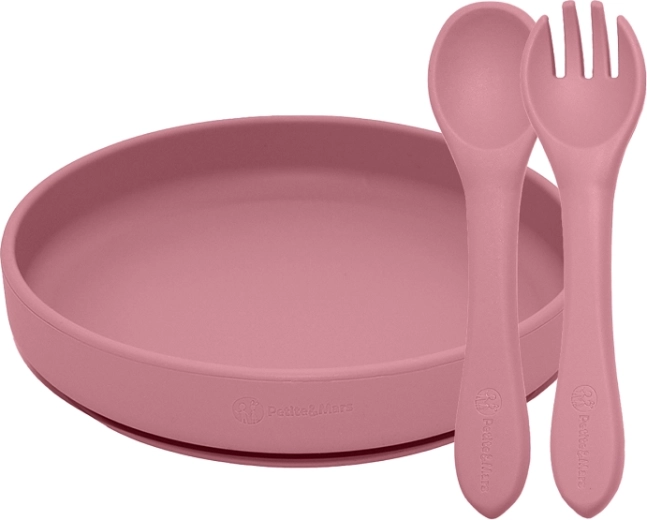 Set de masă din silicon Petite&Mars Take&Match – farfurie cu ventuză și tacâmuri dusty rose (6m+)