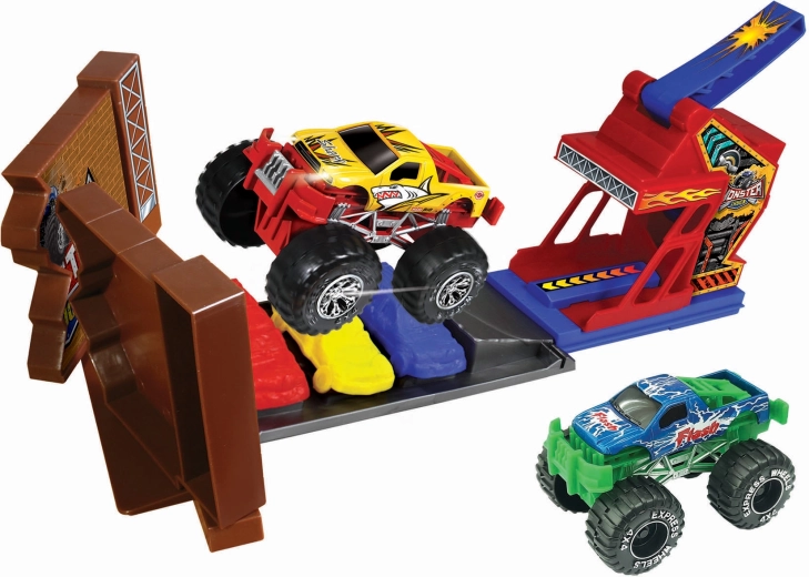 Pistă de cascadorii pentru mașini Monster Truck cu 2 mașinuțe metalice