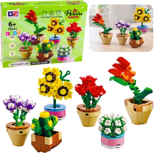 Set de construit flori în ghivece, 256 piese, 6 modele