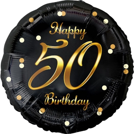 Balon din folie Happy 50 Birthday – negru cu imprimeu auriu